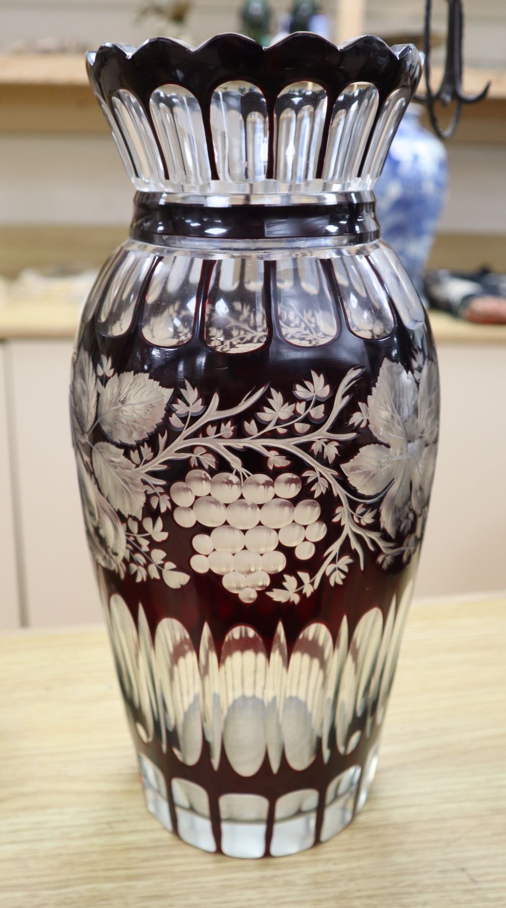 A Bohemian ruby overlaid glass vase, height 32cm